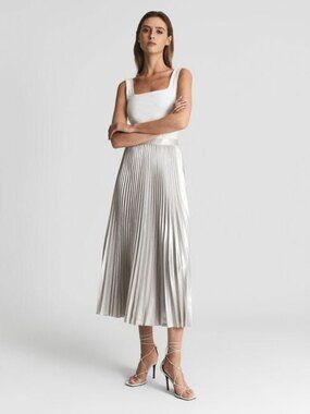 Metallic Accordion Pleated Midi Skirt sz M - Silver